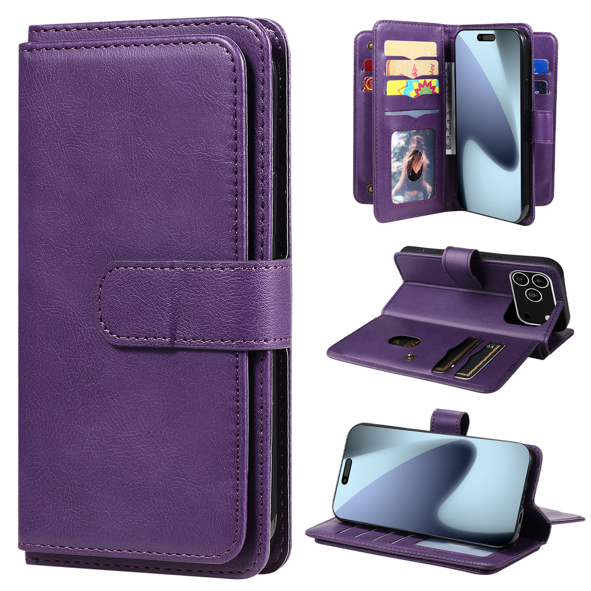 Til iPhone 18 Pro Max / 17 Pro Max Lædercover med 10 Kortlommer Telefoncover Stativ