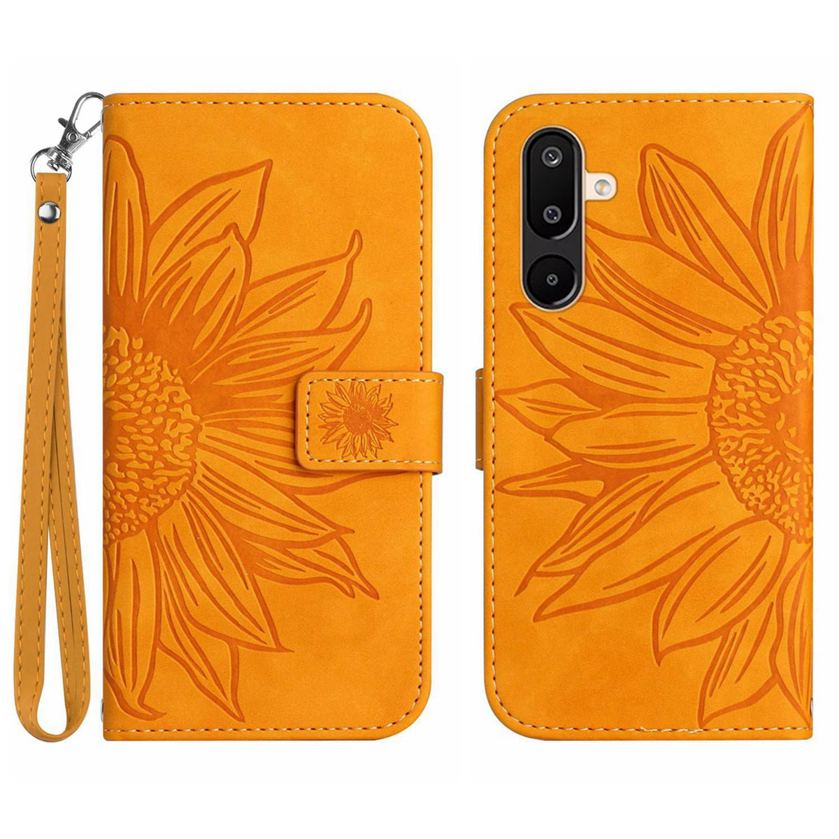 Til Samsung Galaxy M36 5G Etui Solsikkeaftryk Læderpung Telefoncover med Håndrem