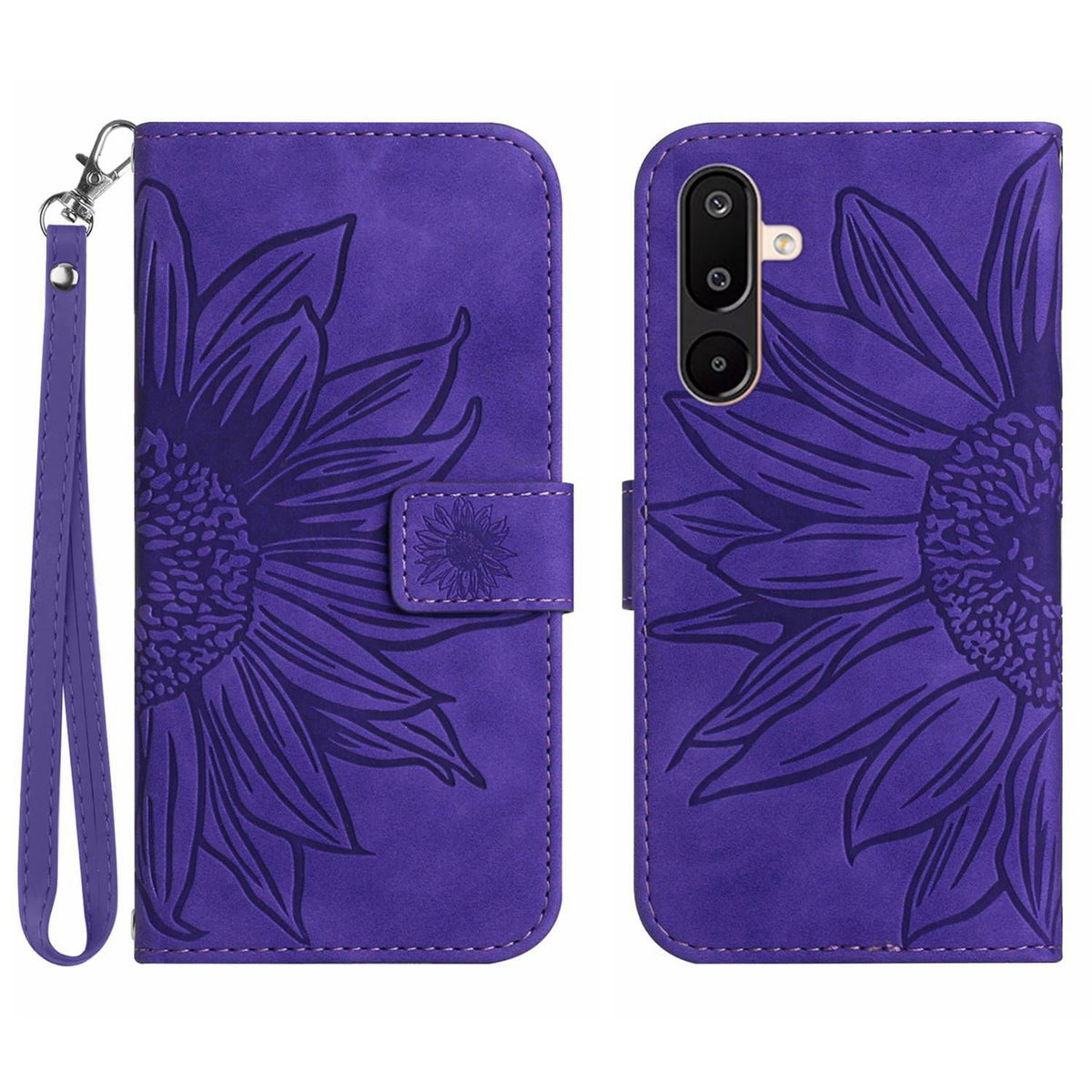 Til Samsung Galaxy M36 5G Etui Solsikkeaftryk Læderpung Telefoncover med Håndrem