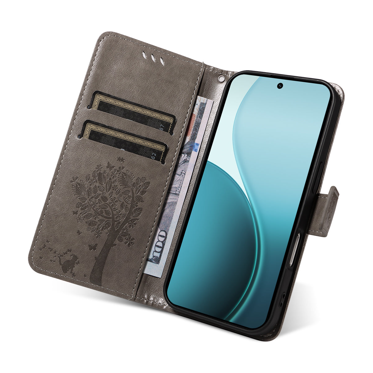 For Oppo Reno14 Pro 5G (China) / Oppo Reno14 Pro 5G (Global) Phone Case with Stand Cat Tree Pattern Leather Wallet Mobile Cover