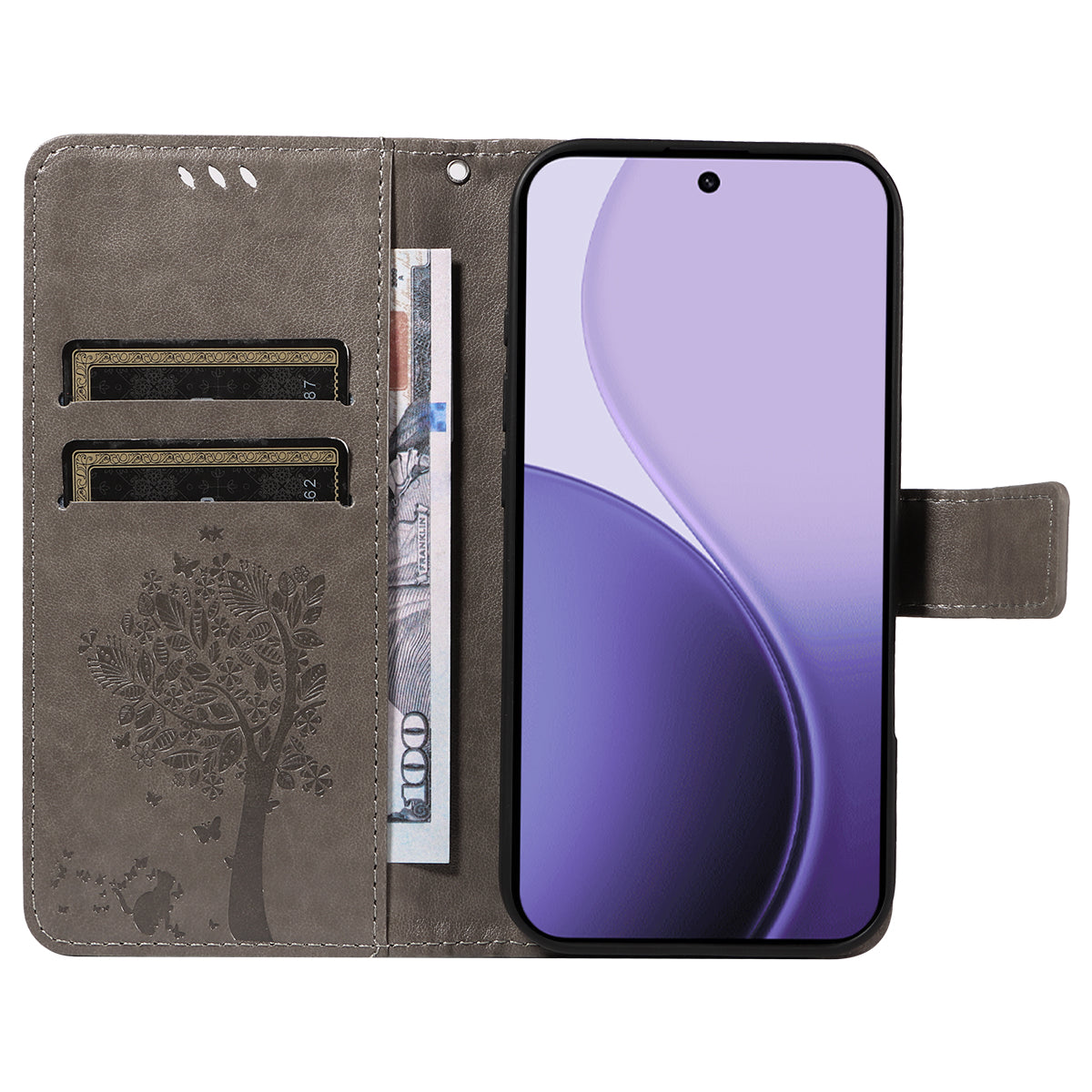For Oppo Reno14 5G (China) / Oppo Reno14 F 5G / Oppo Reno14 5G (Global) Phone Case with Stand Cat Tree Pattern Leather Wallet Mobile Cover