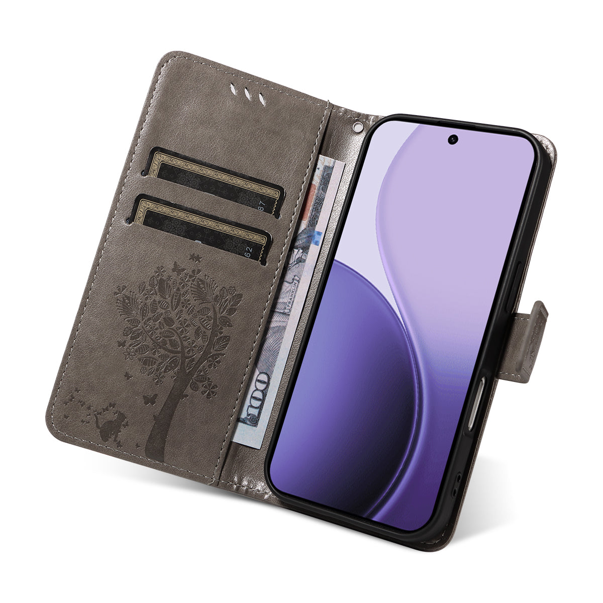 For Oppo Reno14 5G (China) / Oppo Reno14 F 5G / Oppo Reno14 5G (Global) Phone Case with Stand Cat Tree Pattern Leather Wallet Mobile Cover