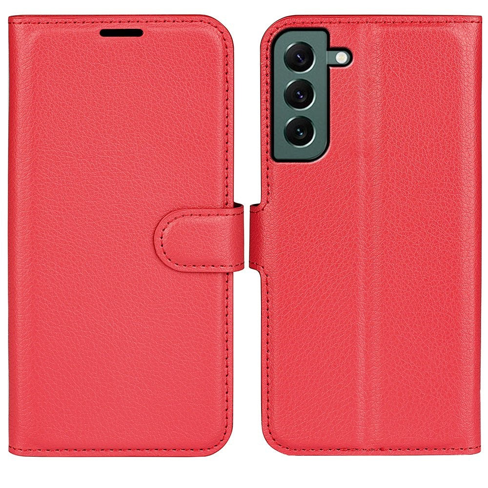Samsung Galaxy S23+ Fullt Skyddande Fodral Flip Stativ Plånbok Reptålig Litchi Textur PU Läder mobilskal
