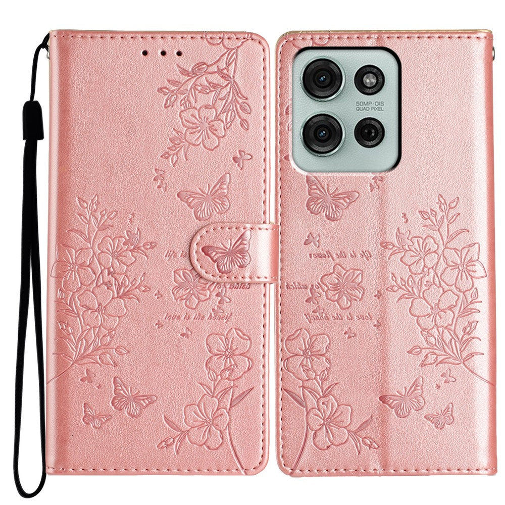 For Motorola Moto G86 5G Wallet Phone Case Butterfly Floral Imprint Leather Flip Cover with Strap