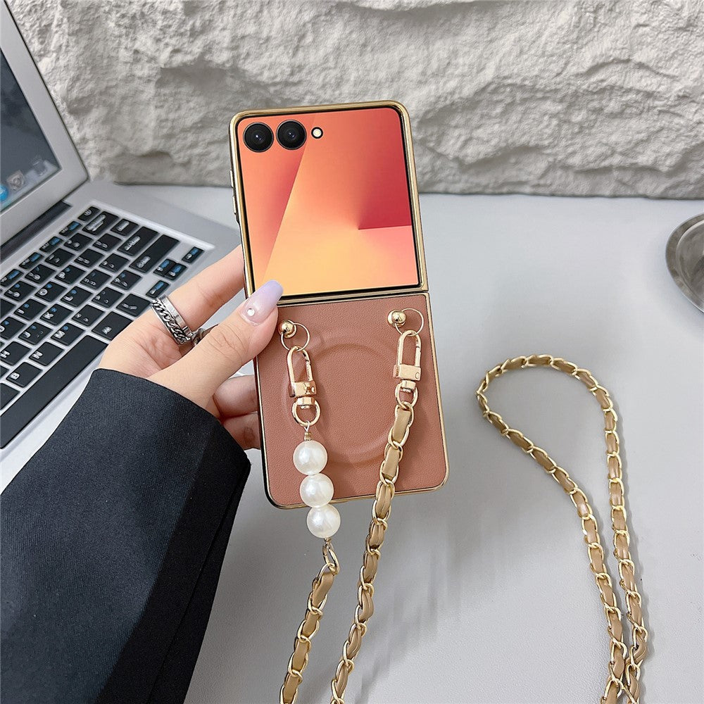 Til Samsung Galaxy Z Flip7 5G magnetisk etui med skulderrem, Nappa tekstur, PU, TPU, PC telefonbagcover