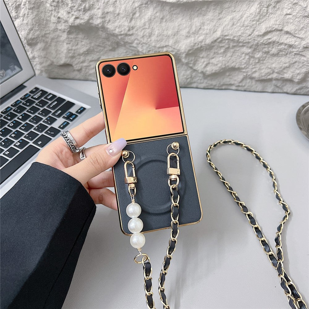 Til Samsung Galaxy Z Flip7 5G magnetisk etui med skulderrem, Nappa tekstur, PU, TPU, PC telefonbagcover