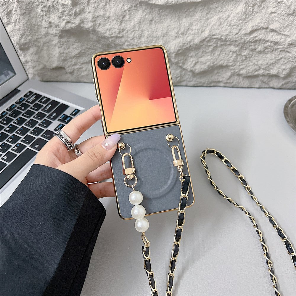 Til Samsung Galaxy Z Flip7 5G magnetisk etui med skulderrem, Nappa tekstur, PU, TPU, PC telefonbagcover
