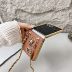 Samsung Galaxy Z Flip7 5G-skal med snodd, Nappa-hjärta, björndekor, textur, PU, TPU, PC-mobilskal
