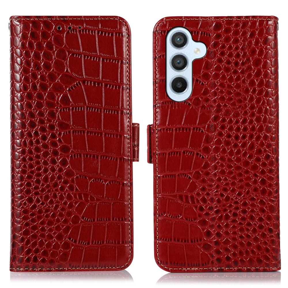 Samsung Galaxy S25 FE-skal RFID-blockerande plånbok i krokodilstruktur i äkta nötskinn