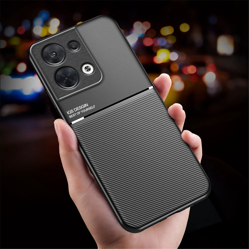 Cellphone Case for Oppo Reno8 5G (Global Version) / Reno8 5G, Shock Absorbing Lines Imprinted PU Leather+TPU Hybrid Shell with Built-in Metal Sheet