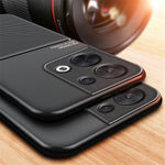 Cellphone Case for Oppo Reno8 5G (Global Version) / Reno8 5G, Shock Absorbing Lines Imprinted PU Leather+TPU Hybrid Shell with Built-in Metal Sheet