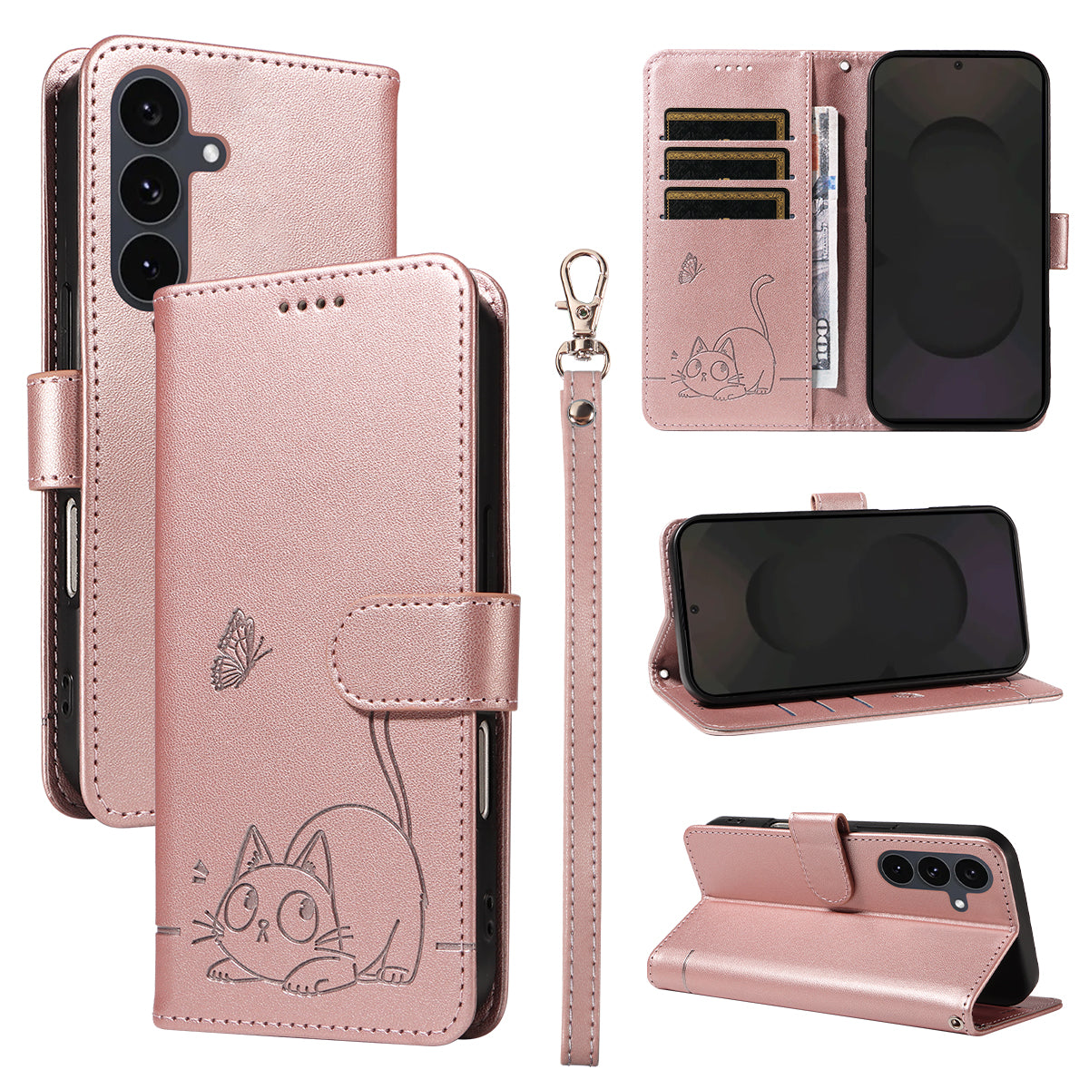 For Samsung Galaxy S25 FE Case Cat Pattern Imprint Leather Phone Cover with Wrist Strap