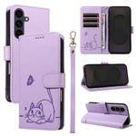 For Samsung Galaxy S25 FE Case Cat Pattern Imprint Leather Phone Cover with Wrist Strap