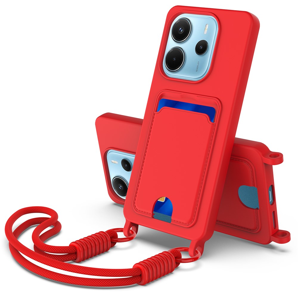 For Xiaomi Redmi Note 14 4G (163.25mm) Liquid Silicone Case Phone Back Cover with Card Holder and Short Strap