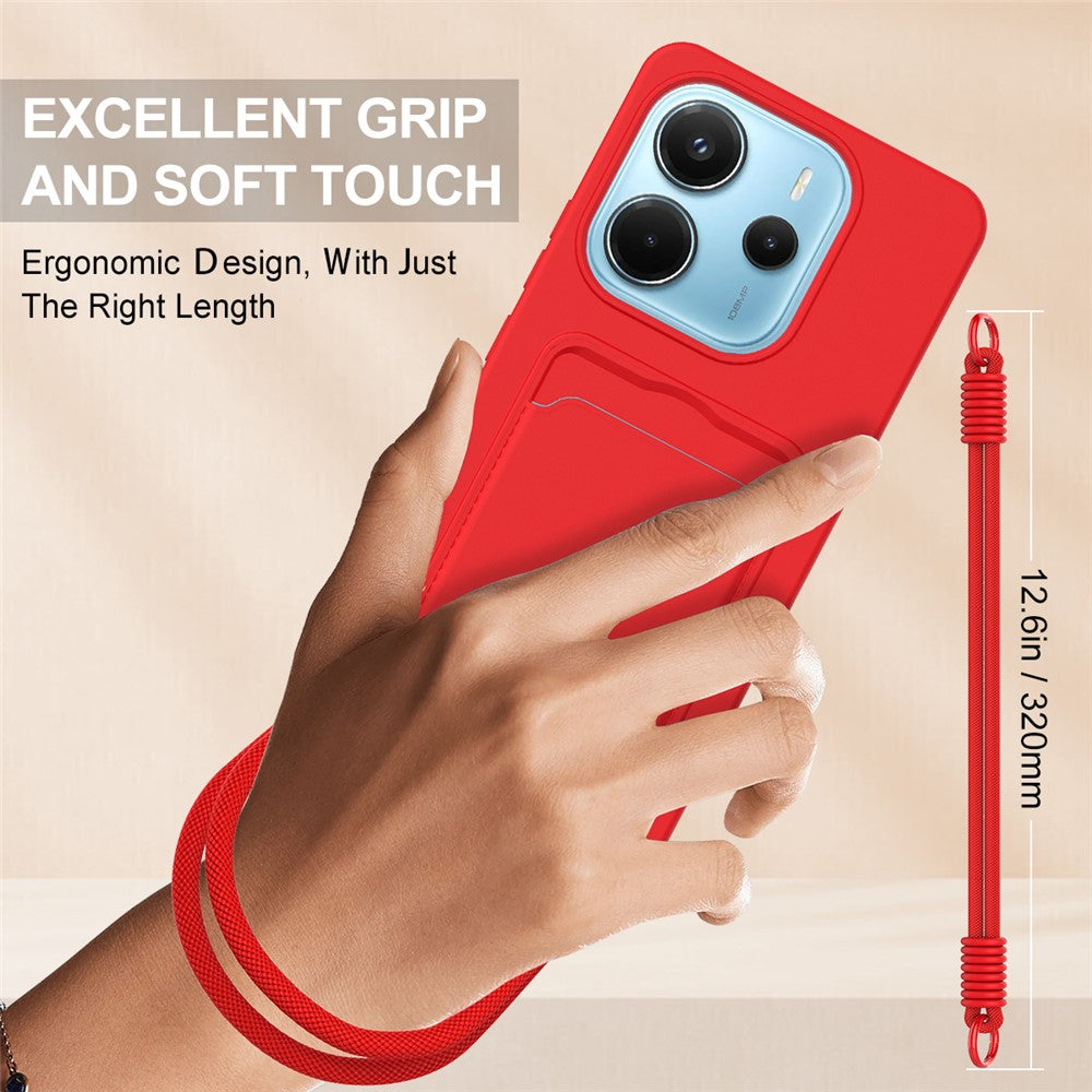 For Xiaomi Redmi Note 14 4G (163.25mm) Liquid Silicone Case Phone Back Cover with Card Holder and Short Strap