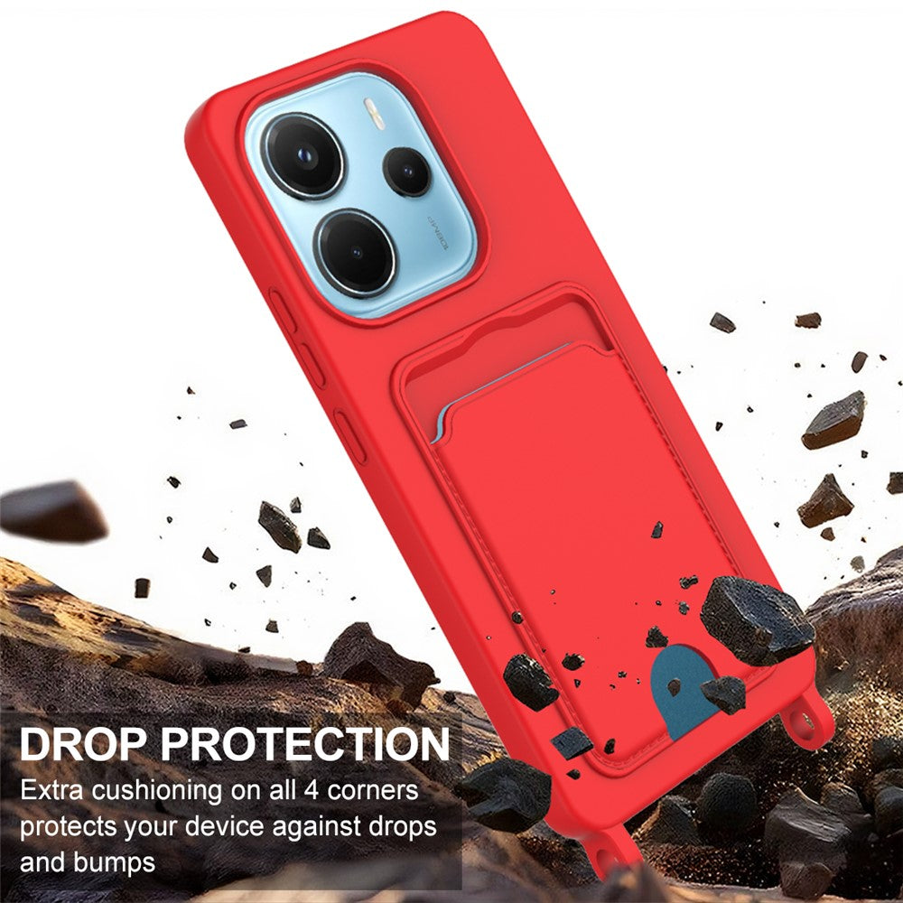 For Xiaomi Redmi Note 14 4G (163.25mm) Liquid Silicone Case Phone Back Cover with Card Holder and Short Strap