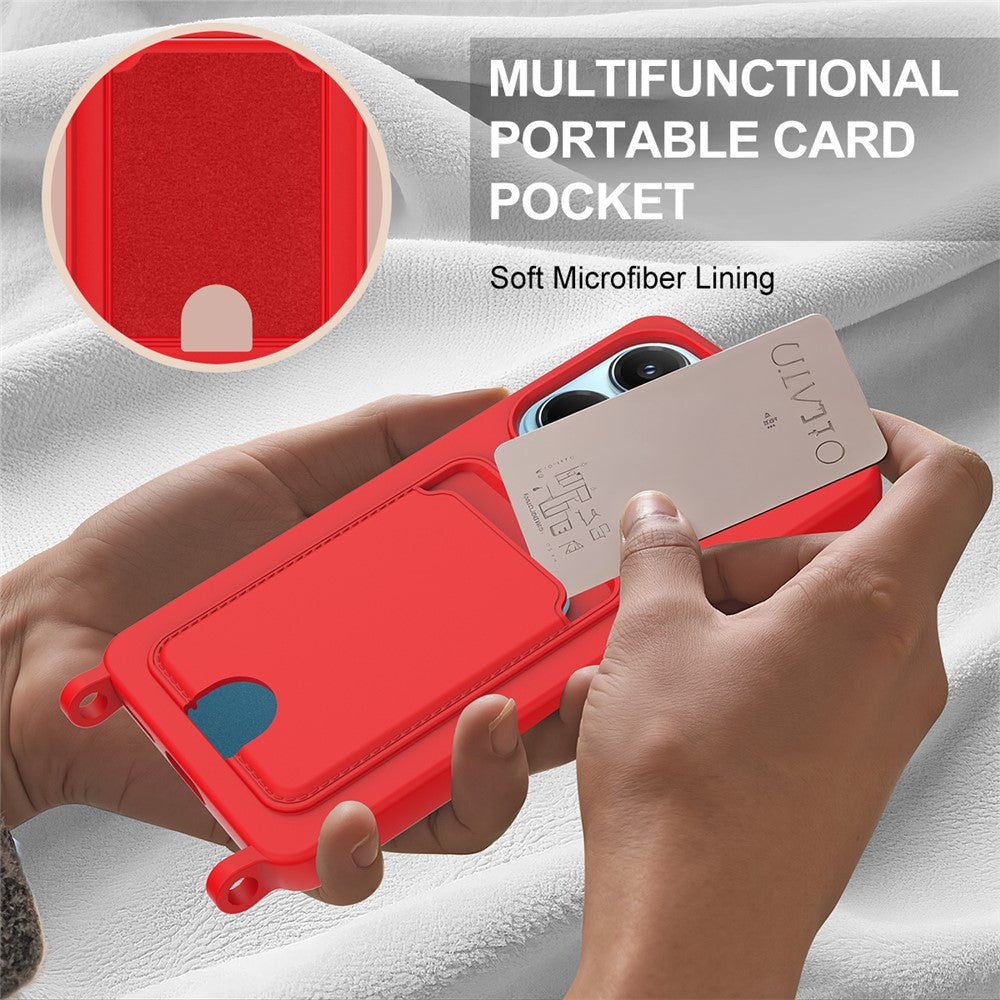 For Xiaomi Redmi Note 14 4G (163.25mm) Liquid Silicone Case Phone Back Cover with Card Holder and Short Strap