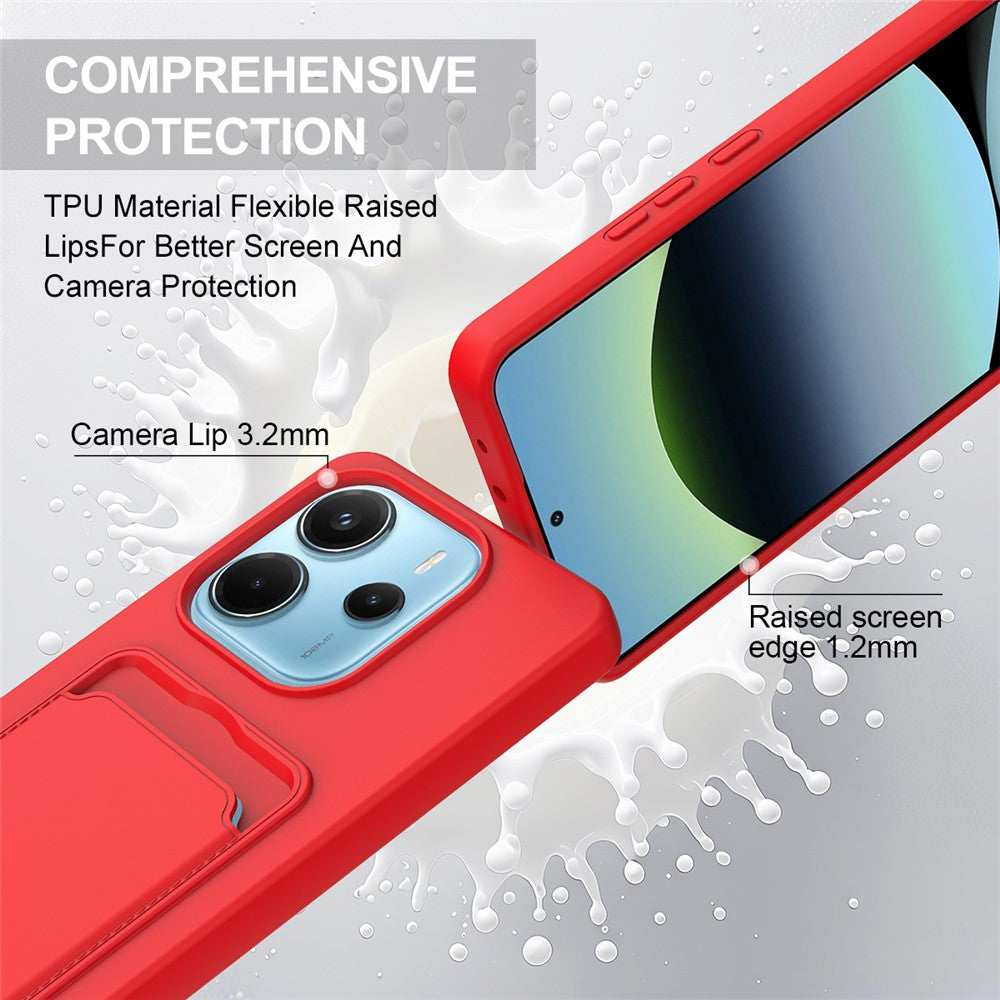 For Xiaomi Redmi Note 14 4G (163.25mm) Liquid Silicone Case Phone Back Cover with Card Holder and Short Strap