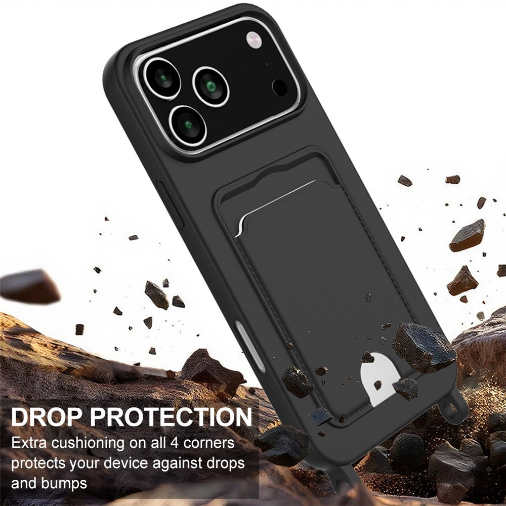 iPhone 17 Pro Silikonskal med Korthållare & Rem - Svart