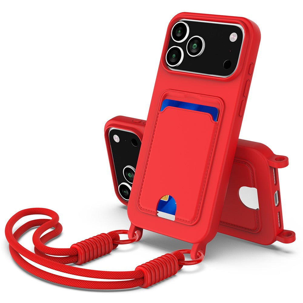 iPhone 17 Pro Max Silikonskal med Korthållare & Handledsrem - Röd