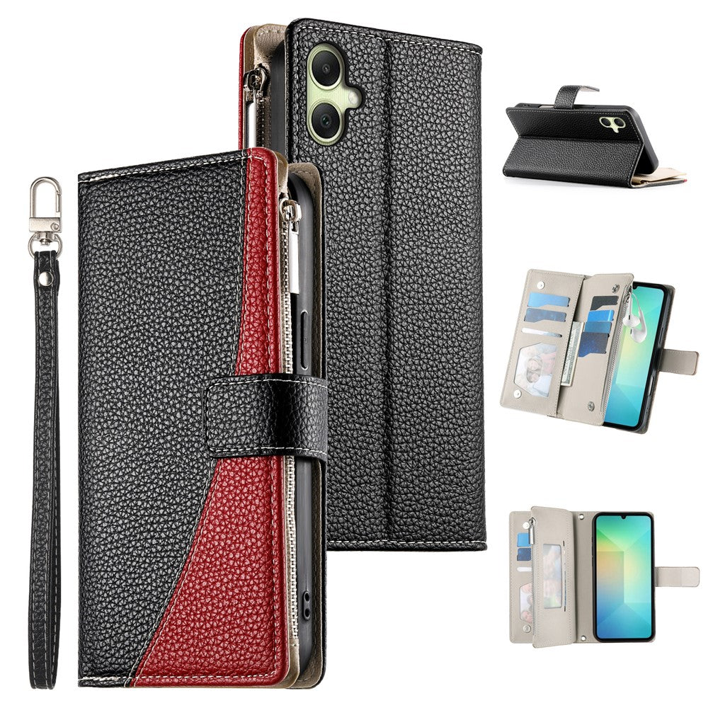 Samsung Galaxy A08 5G / A08 4G / A07 5G / A07 4G / A07s 4G-skal, dragkedja, plånbok, färgskarvning, läder, flip-fodral med remmar