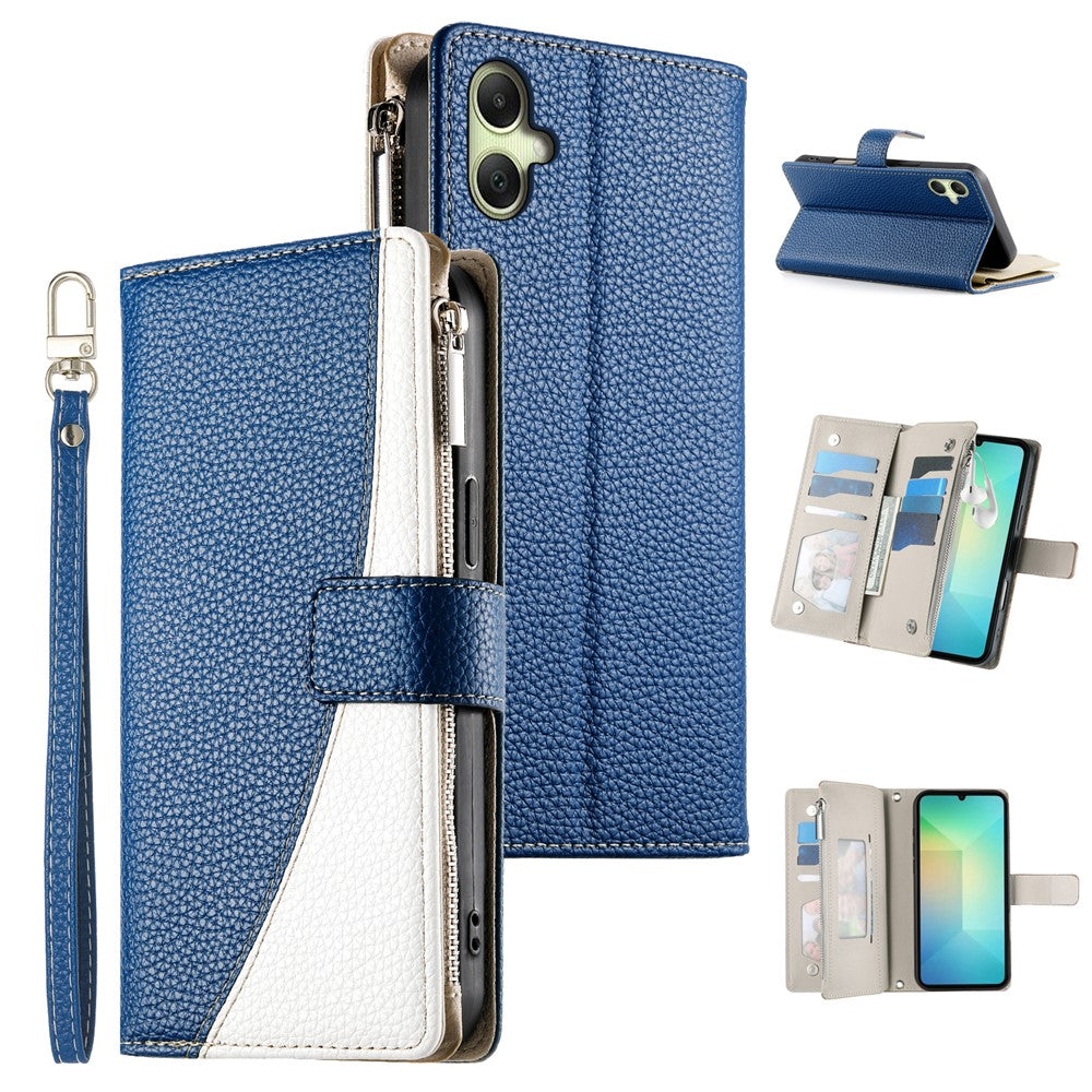 Samsung Galaxy A08 5G / A08 4G / A07 5G / A07 4G / A07s 4G-skal, dragkedja, plånbok, färgskarvning, läder, flip-fodral med remmar