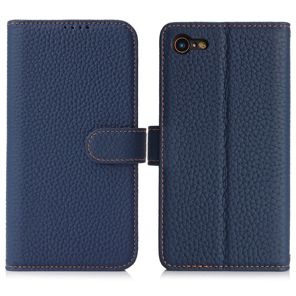 For iPhone SE (2022)  /  (2020)  /  8  /  7 Stand Case Litchi Texture Genuine Cow Leather Wallet Phone Cover RFID Blocking