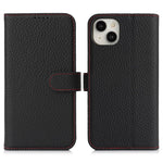 For iPhone 14  /  13 Stand Case Litchi Texture Genuine Cow Leather Wallet Phone Cover RFID Blocking