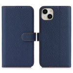 For iPhone 14  /  13 Stand Case Litchi Texture Genuine Cow Leather Wallet Phone Cover RFID Blocking