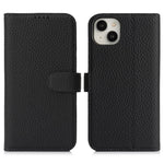 For iPhone 14  /  13 Stand Case Litchi Texture Genuine Cow Leather Wallet Phone Cover RFID Blocking