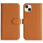 For iPhone 14  /  13 Stand Case Litchi Texture Genuine Cow Leather Wallet Phone Cover RFID Blocking