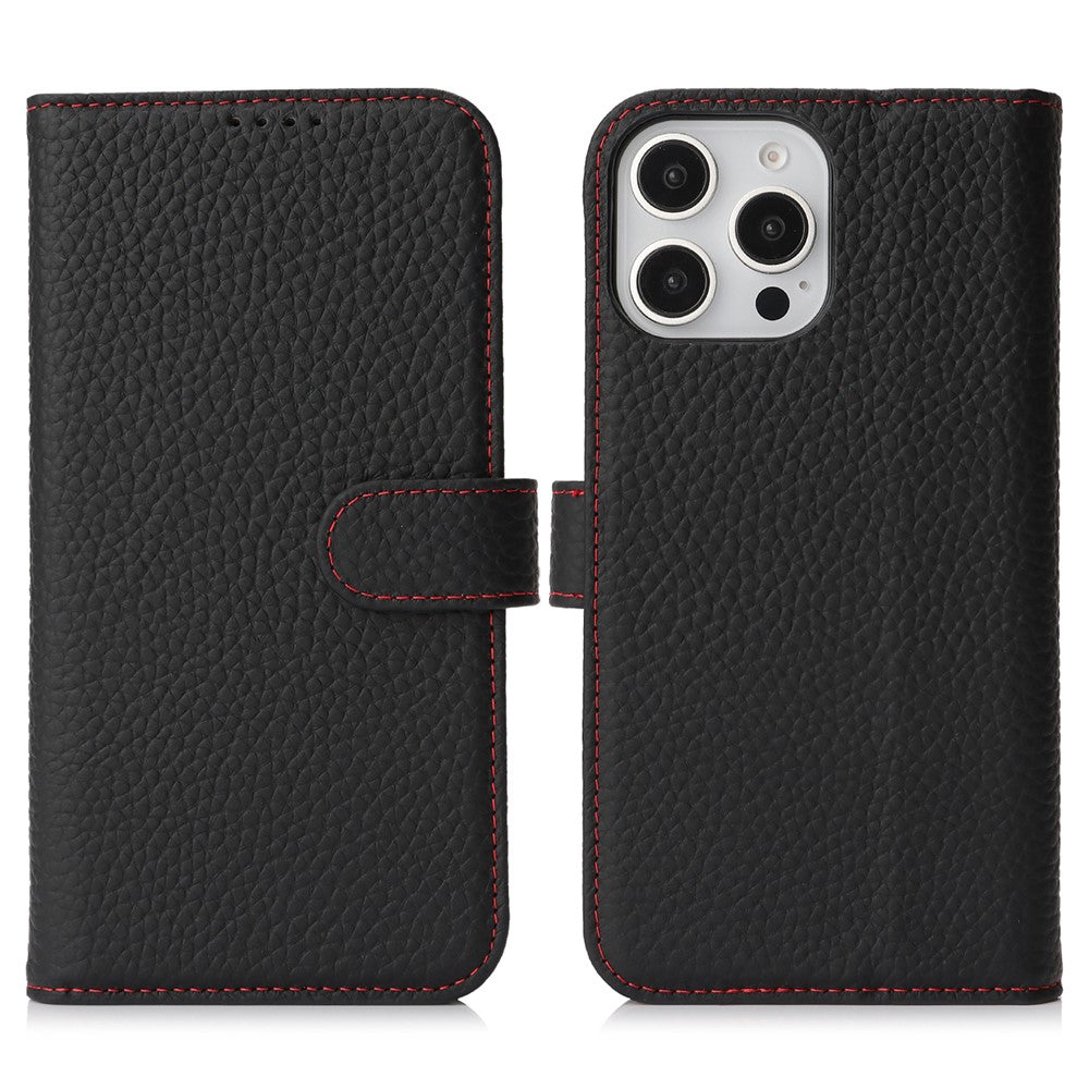 iPhone 13 Pro Max / 12 Pro Max Stativskal Litchitextur Äkta Koläder Plånboksfodral mobilskal RFID-blockerande
