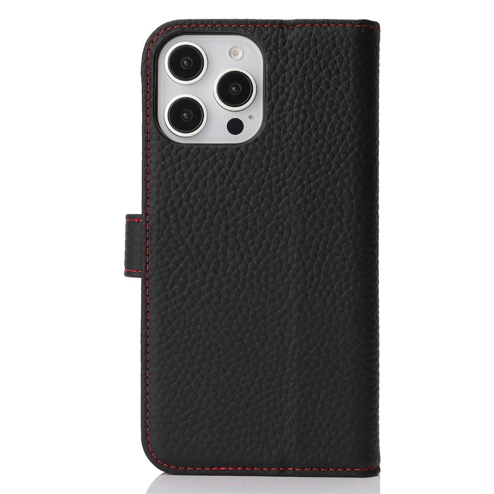 For iPhone 13 Pro Max  /  12 Pro Max Stand Case Litchi Texture Genuine Cow Leather Wallet Phone Cover RFID Blocking