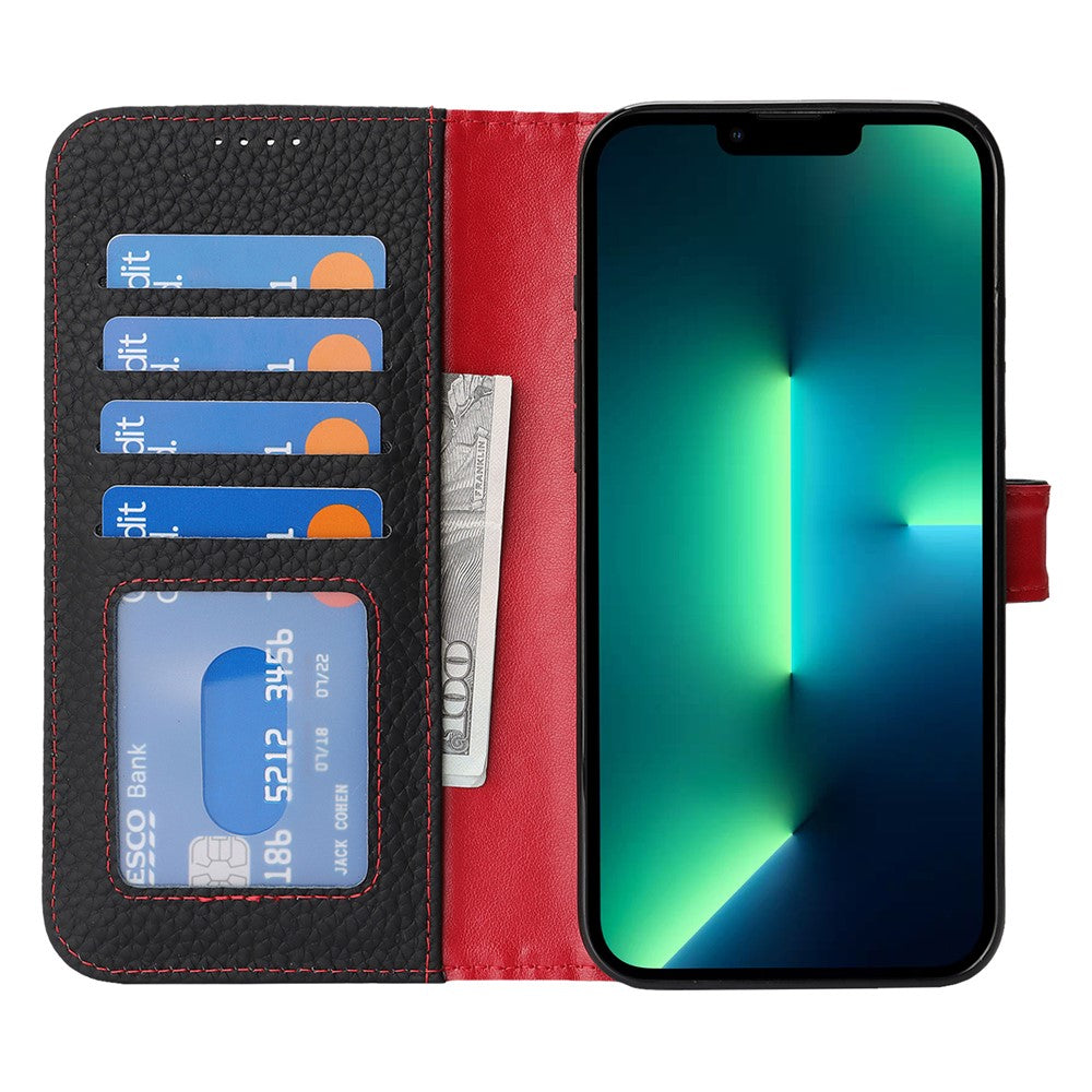 iPhone 13 Pro Max / 12 Pro Max Stativskal Litchitextur Äkta Koläder Plånboksfodral mobilskal RFID-blockerande
