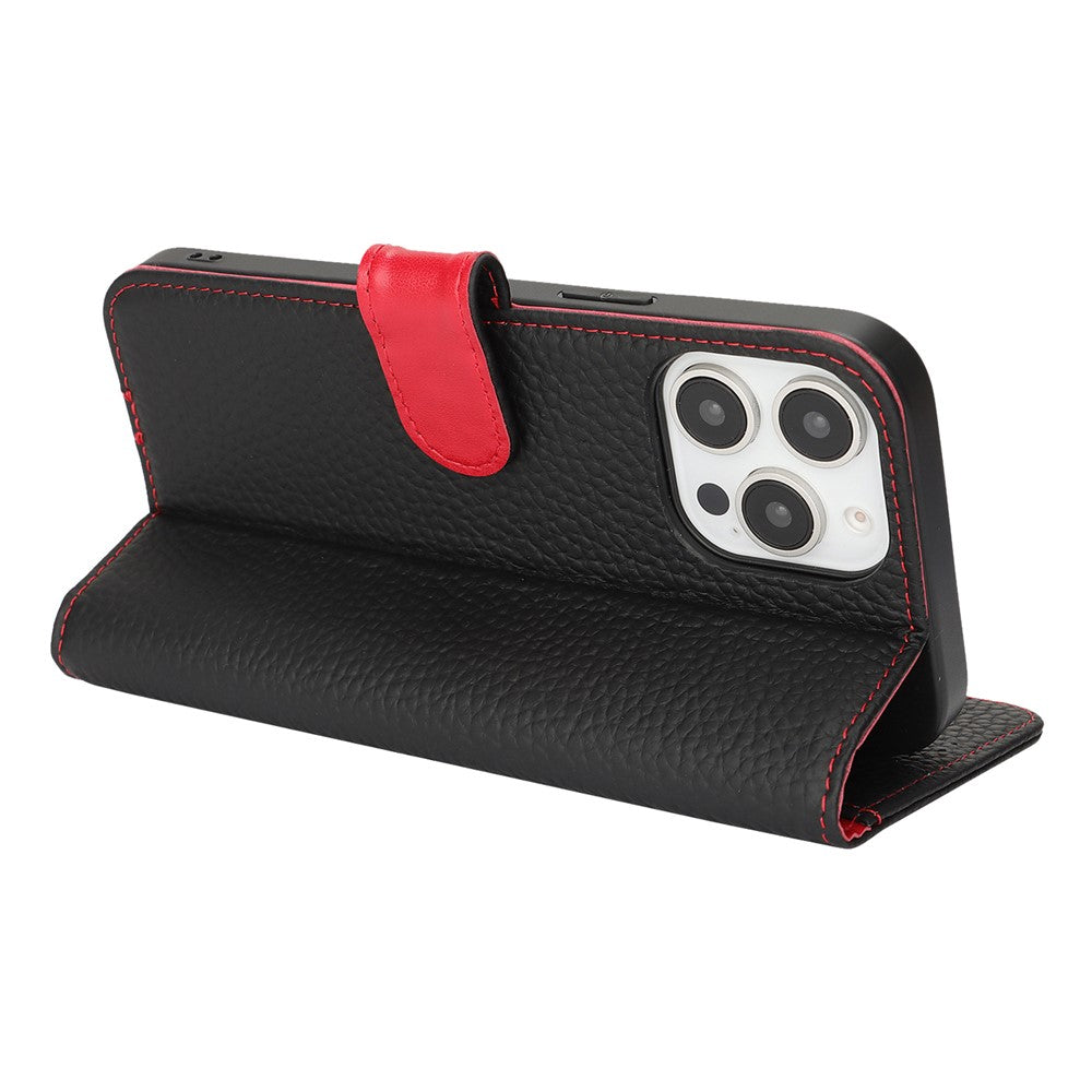 For iPhone 13 Pro Max  /  12 Pro Max Stand Case Litchi Texture Genuine Cow Leather Wallet Phone Cover RFID Blocking