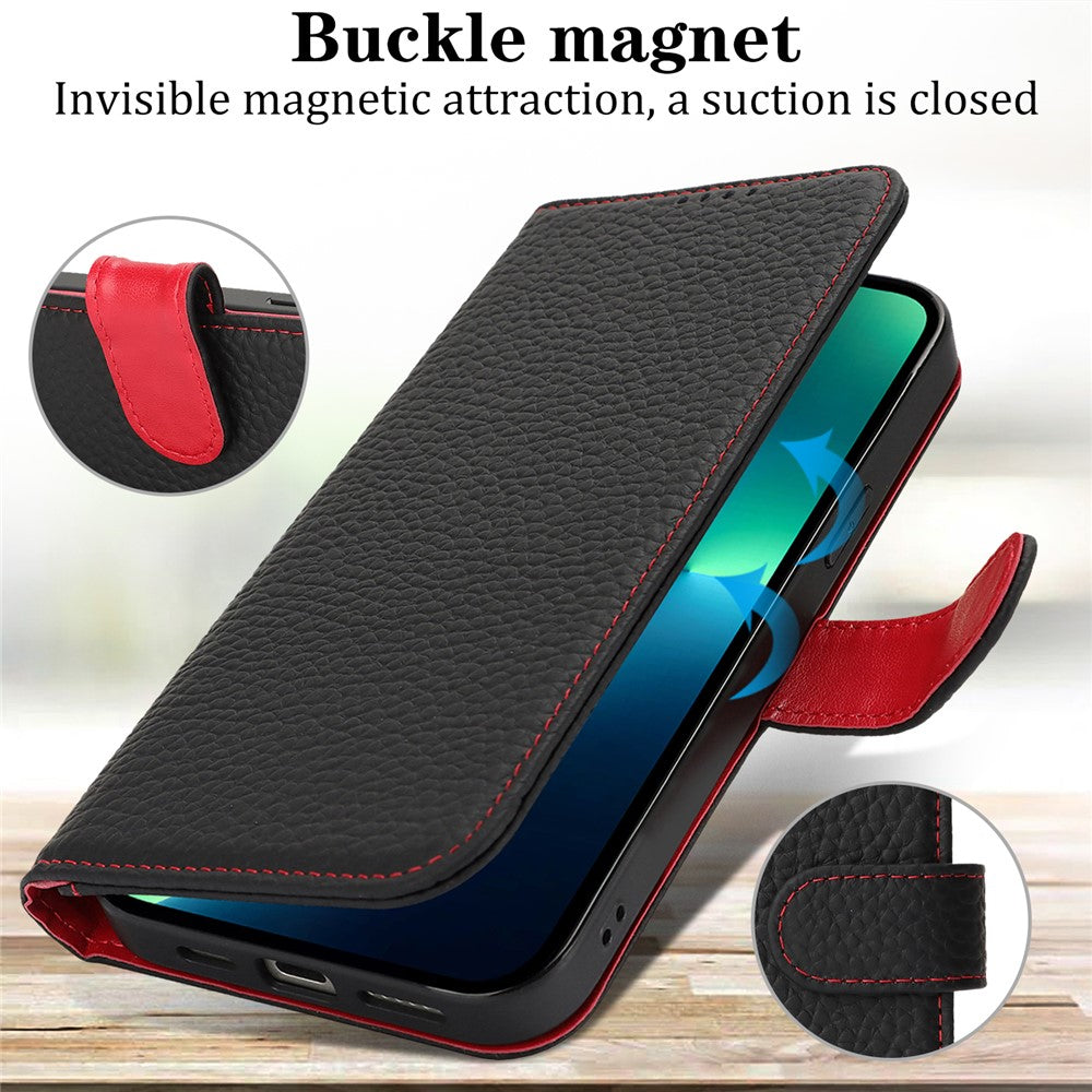 For iPhone 13 Pro Max  /  12 Pro Max Stand Case Litchi Texture Genuine Cow Leather Wallet Phone Cover RFID Blocking