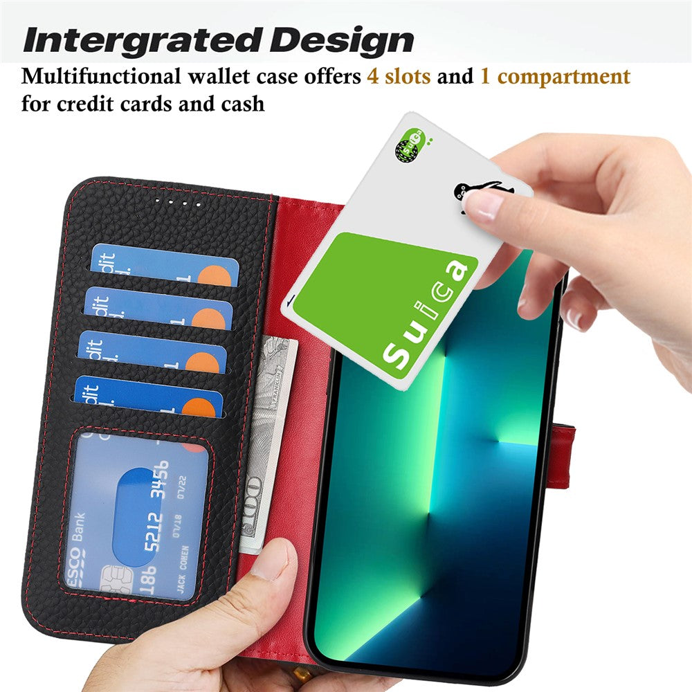 For iPhone 13 Pro Max  /  12 Pro Max Stand Case Litchi Texture Genuine Cow Leather Wallet Phone Cover RFID Blocking