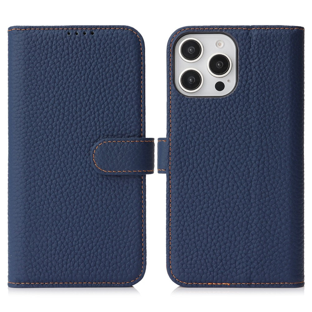 For iPhone 13 Pro Max  /  12 Pro Max Stand Case Litchi Texture Genuine Cow Leather Wallet Phone Cover RFID Blocking