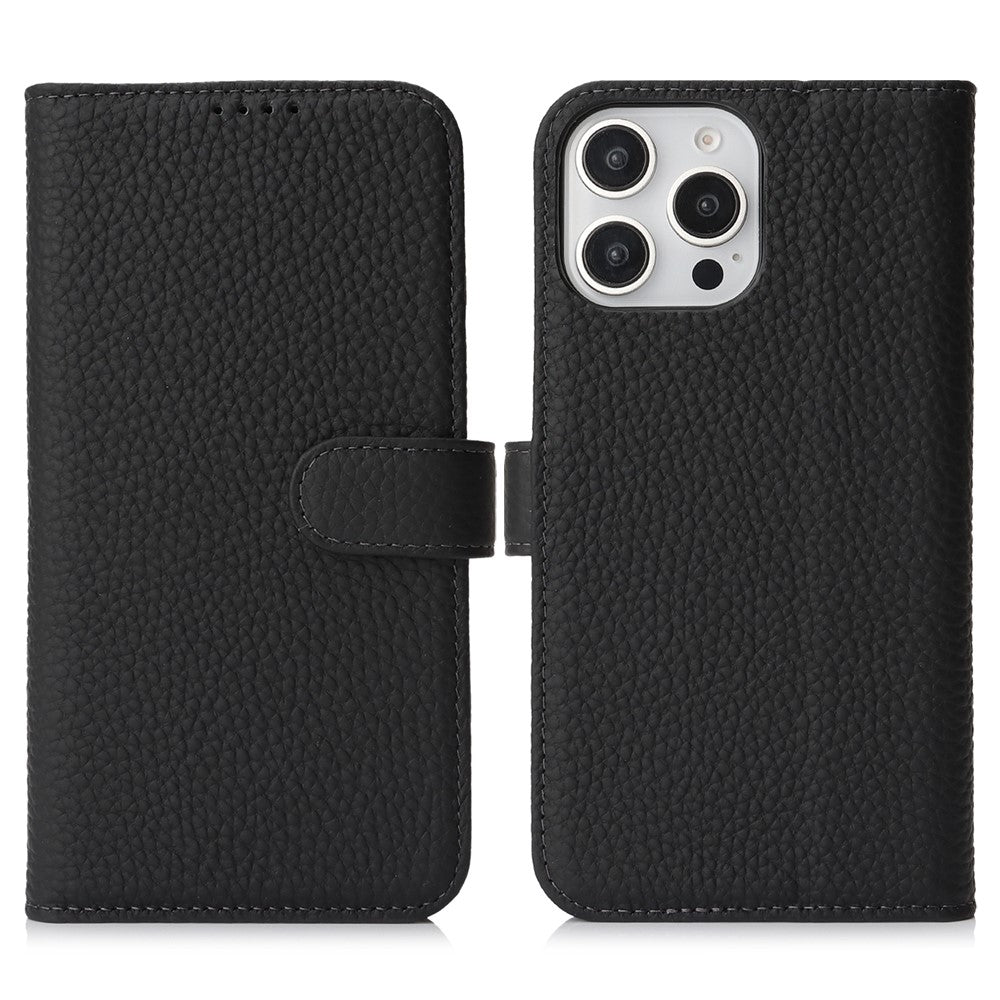 For iPhone 13 Pro Max  /  12 Pro Max Stand Case Litchi Texture Genuine Cow Leather Wallet Phone Cover RFID Blocking