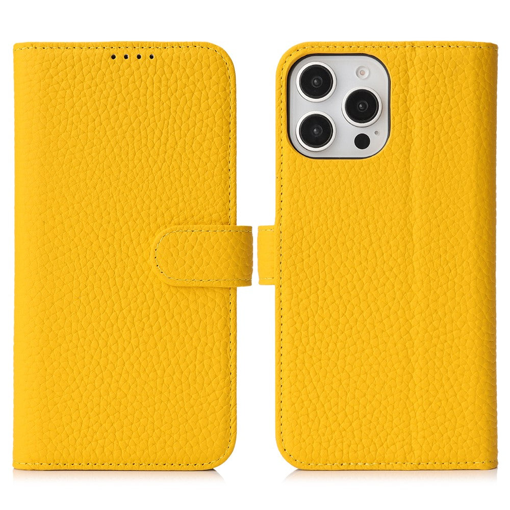 For iPhone 13 Pro Max  /  12 Pro Max Stand Case Litchi Texture Genuine Cow Leather Wallet Phone Cover RFID Blocking