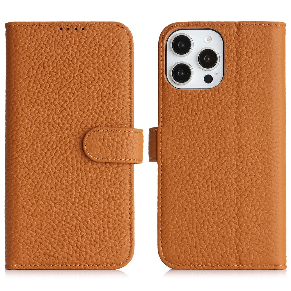 For iPhone 13 Pro Max  /  12 Pro Max Stand Case Litchi Texture Genuine Cow Leather Wallet Phone Cover RFID Blocking