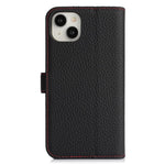 For iPhone 15 Plus / 14 Plus Stand Case Litchi Texture Genuine Cow Leather Wallet Phone Cover RFID Blocking