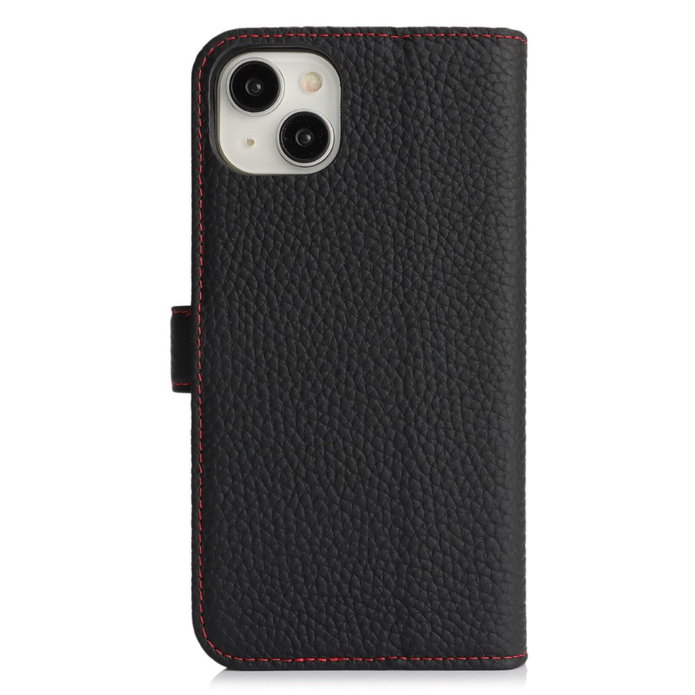 For iPhone 15 Plus / 14 Plus Stand Case Litchi Texture Genuine Cow Leather Wallet Phone Cover RFID Blocking