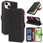 For iPhone 15 Plus / 14 Plus Stand Case Litchi Texture Genuine Cow Leather Wallet Phone Cover RFID Blocking