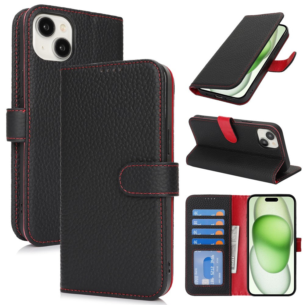 For iPhone 15 Plus / 14 Plus Stand Case Litchi Texture Genuine Cow Leather Wallet Phone Cover RFID Blocking