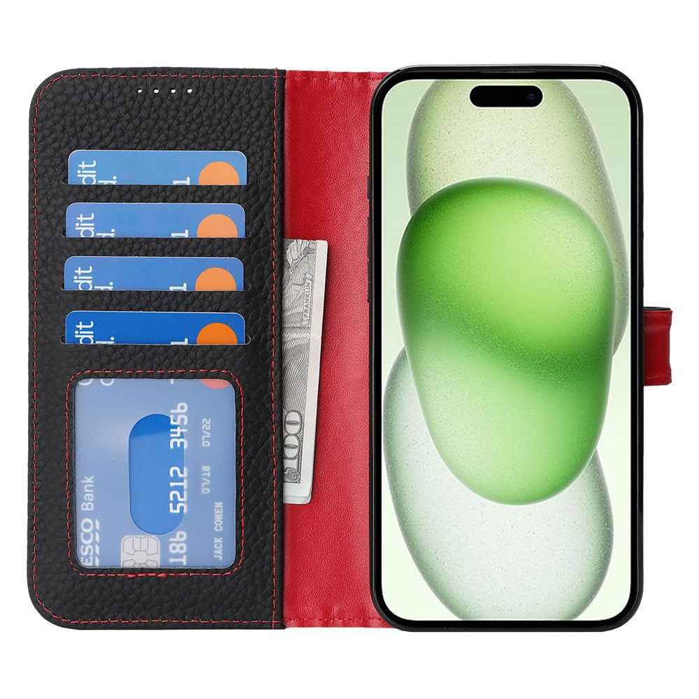 For iPhone 15 Plus / 14 Plus Stand Case Litchi Texture Genuine Cow Leather Wallet Phone Cover RFID Blocking