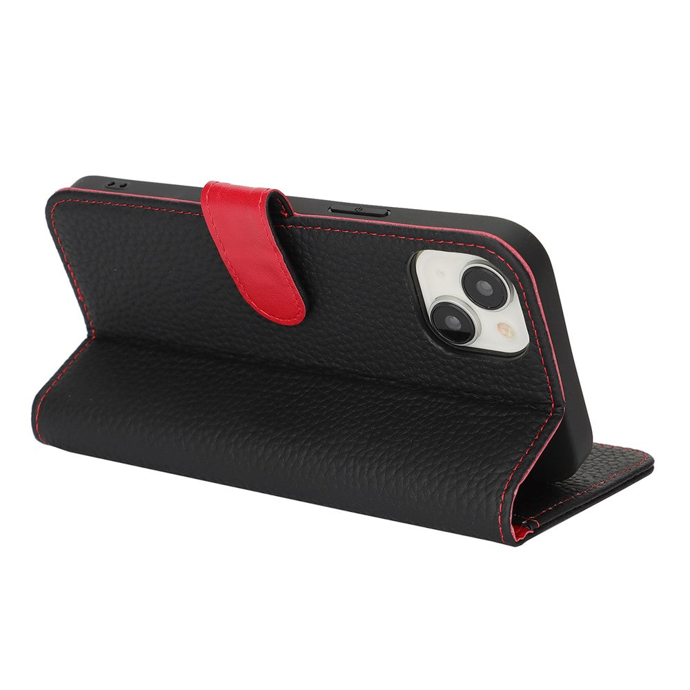For iPhone 15 Plus / 14 Plus Stand Case Litchi Texture Genuine Cow Leather Wallet Phone Cover RFID Blocking