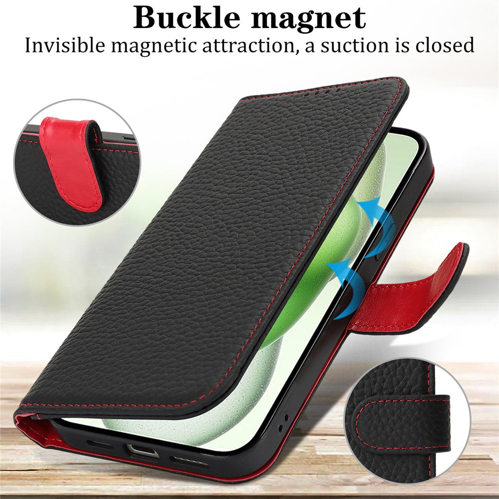 For iPhone 15 Plus / 14 Plus Stand Case Litchi Texture Genuine Cow Leather Wallet Phone Cover RFID Blocking