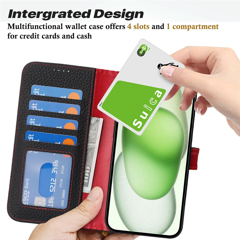 For iPhone 15 Plus / 14 Plus Stand Case Litchi Texture Genuine Cow Leather Wallet Phone Cover RFID Blocking