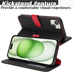 For iPhone 15 Plus / 14 Plus Stand Case Litchi Texture Genuine Cow Leather Wallet Phone Cover RFID Blocking